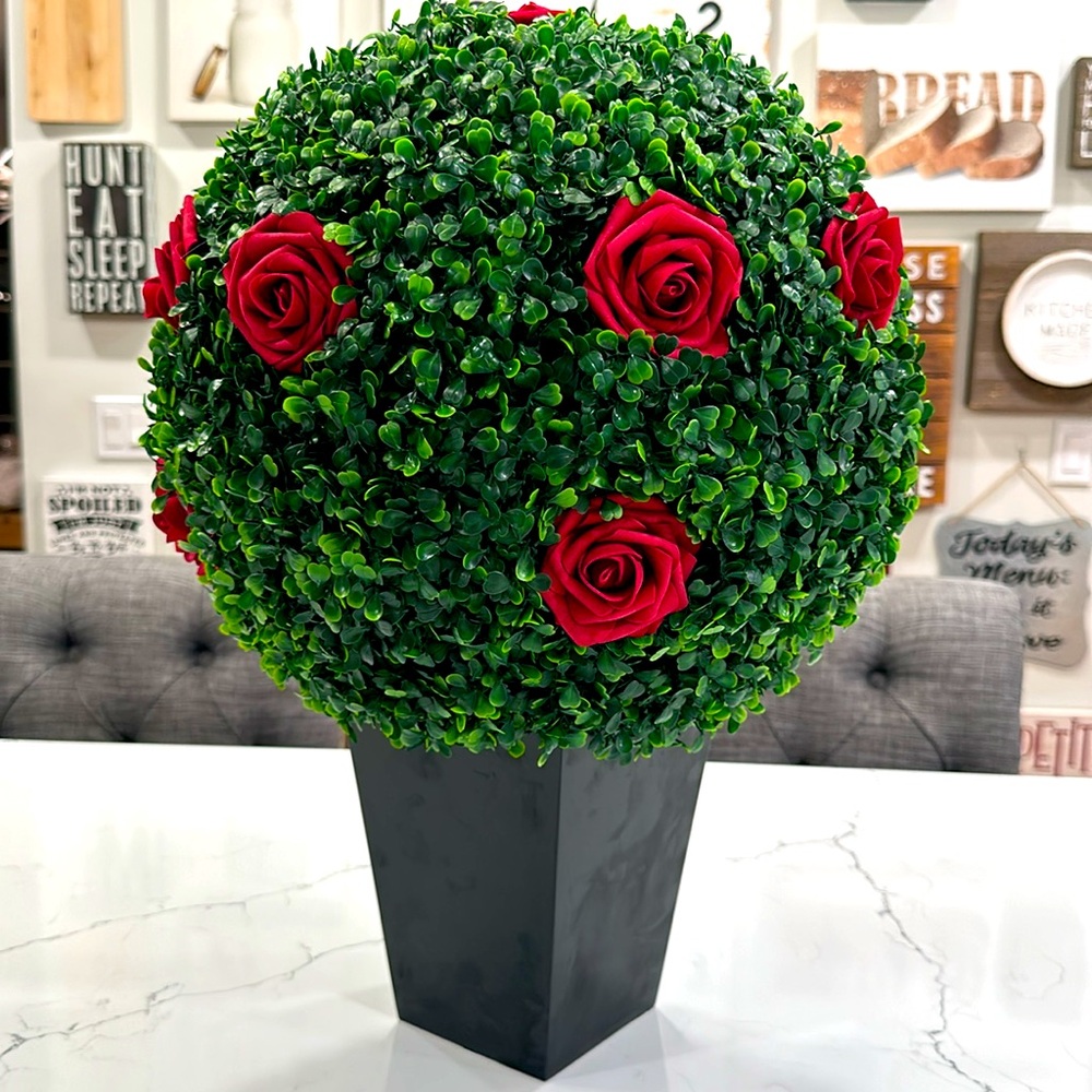 Faux Boxwood Red Rose Topiary - Picture 7 of 7